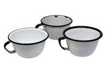 Set of 3 Vintage Enamelware Granite Enamel Ware White w/ Black Rim Mugs Cups