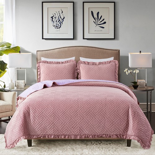 Velvet Quilt Set Queen King Size with 2 Shams Unique Geometric Stitching Design - Picture 12 of 42