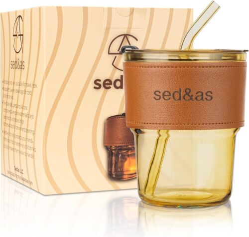 15 OZ CLEAR REUSABLE ICED COFFEE CUP WITH LID & STRAW, CUTE GLASS TRAVEL MUG
