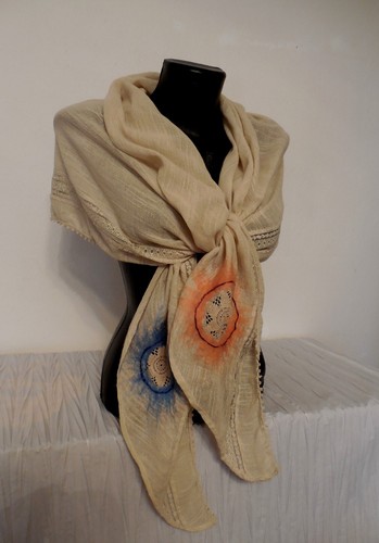 SALE, Summer Shawl of Cotton Linen Lace and Merino Elements, Crochet Doily Wrap - Picture 8 of 12