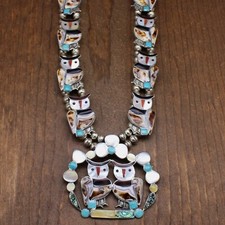 Sterling Silver Zuni Inlay Owl Squash Blossom Necklace by Velma & Blake Lesansee