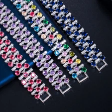 3 Rows Blue Cubic Zirconia Big Wide Wrap Bracelet Bangle for Women Wedding Party