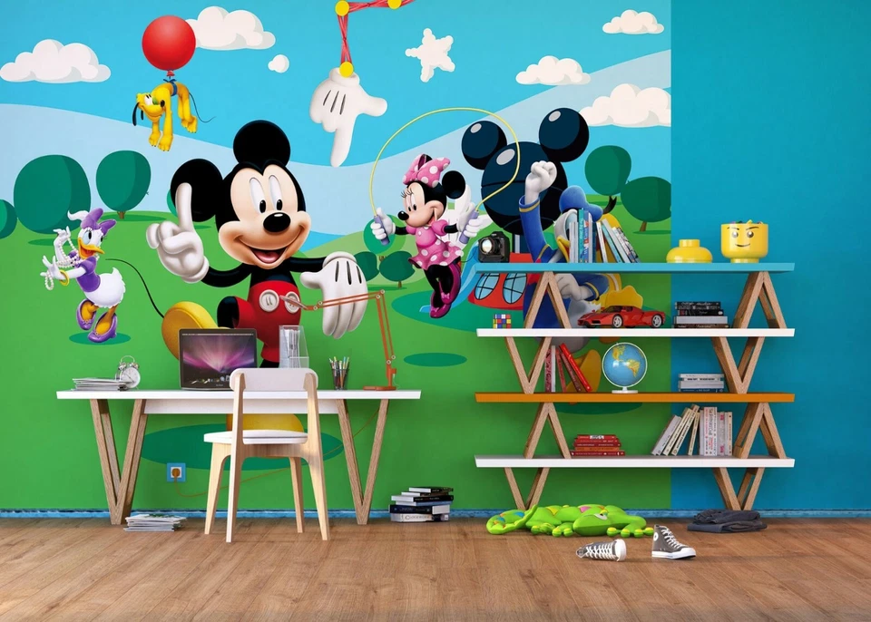 PAPEL PINTADO para dormitorio infantil Disney Mickey Mouse VERDE no tejido MURAL DE PARED Foto 3 de 4