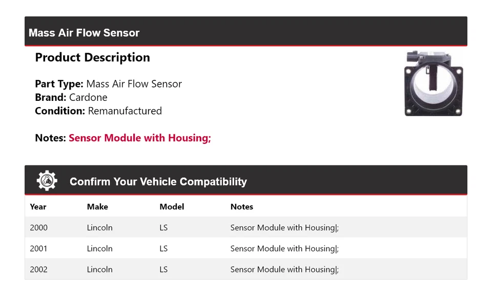 Датчик массового расхода воздуха Cardone 2001 для Lincoln LS 2000-2002 годов выпуска - Изображение 2 из 4