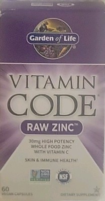 Garden of Life Vitamin Code Raw Zinc 60 Vegan Caps Skin & Immune Health Exp.9/26