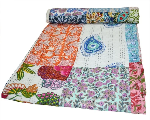 Indian handmade Cotton kantha Quilt hand Block Print King Size Bedspread Blanket