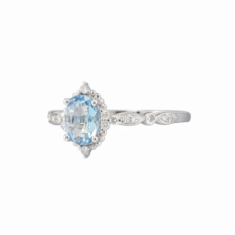 Anillo de compromiso vintage de plata chapado en oro rosa de 14 quilates aguamarina natural corte ovalado Foto 3 de 4