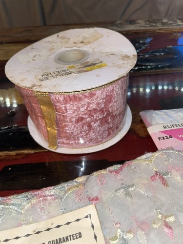 Vintage Pink Crushed Velvet Wired Ribbon 2.5” X 10yds + B&G Lace 2yds Trim 1yd - Picture 3 of 6