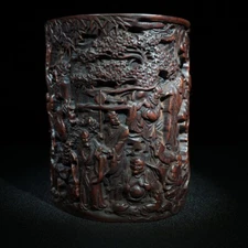 Chinese carved brush pot statue antique bamboo carving buddha Arhat Figurines 