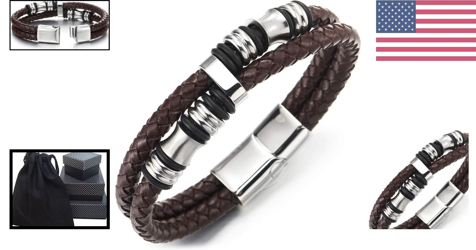 COOLSTEELANDBEYOND Men's Double-Row Braided Leather Bracelet - Stainless Steel Accent Bangle, 8.46 Inch