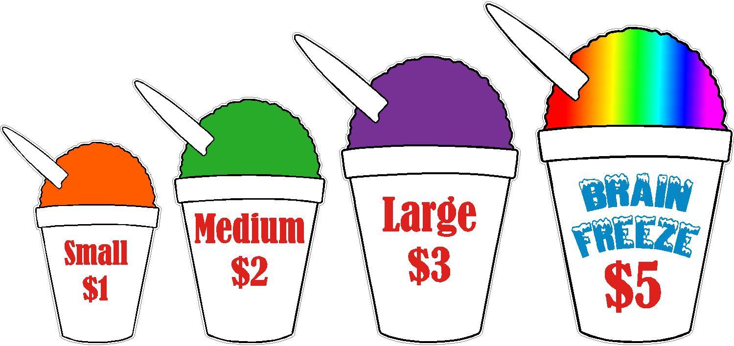 SNOW CONE CUP SIZES WITH CUSTOMIZED PRICES WINDOW DECAL STICKER ICEE S L1600