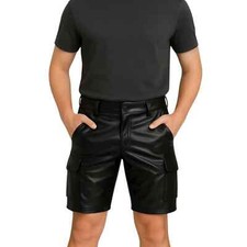 Men's Cargo Shorts Genuine Black Leather Shorts Clubwear Gym Sports Biker Shorts
