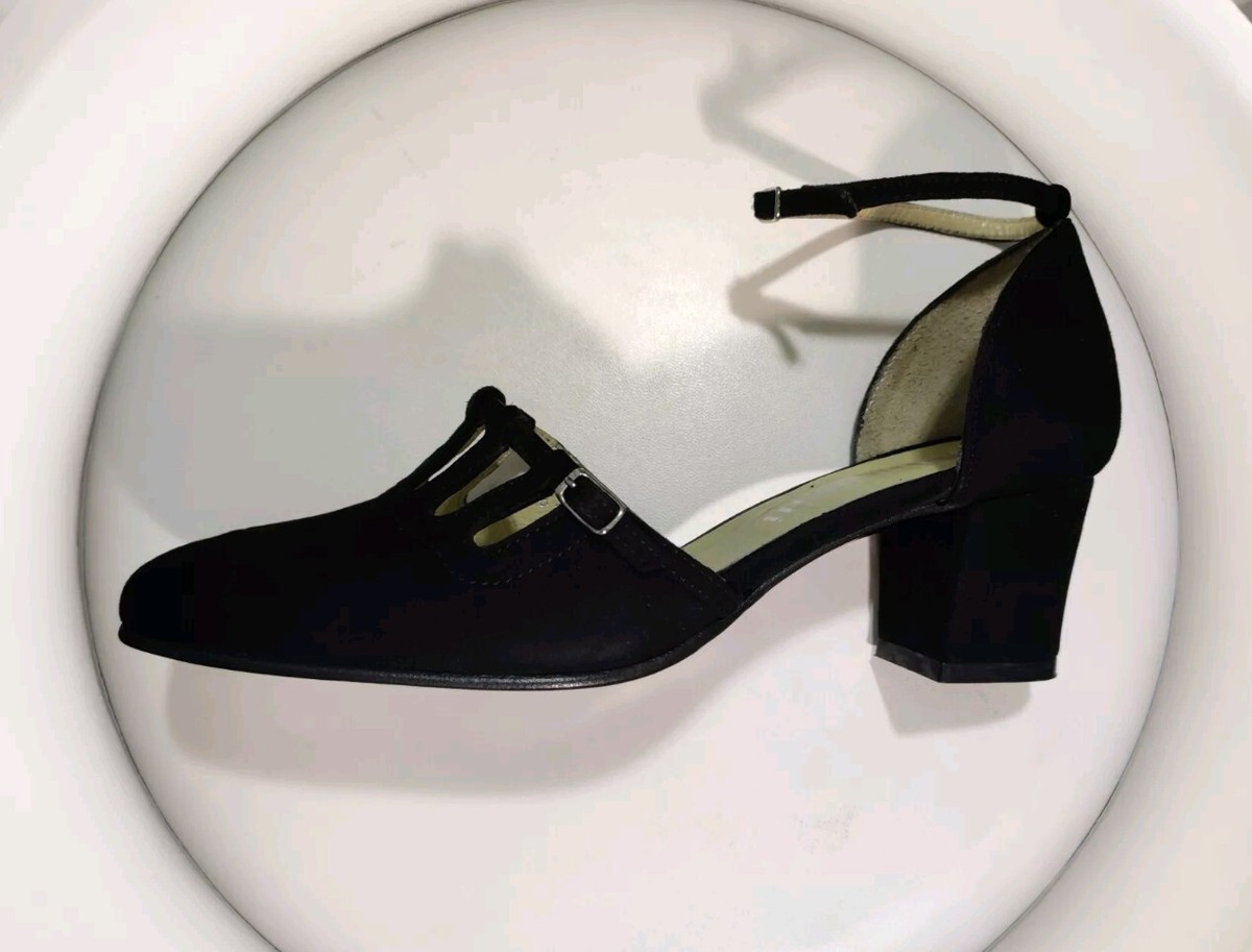 MINELLI Sz 6,5 (37 EU) Shoes Black Suede Leather Heel Ankle Strap VERY  Elegant