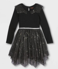 Girls' Knit Long Sleeve Tulle Dress Black Sparkly Cat  Jack Size Small 6/6X