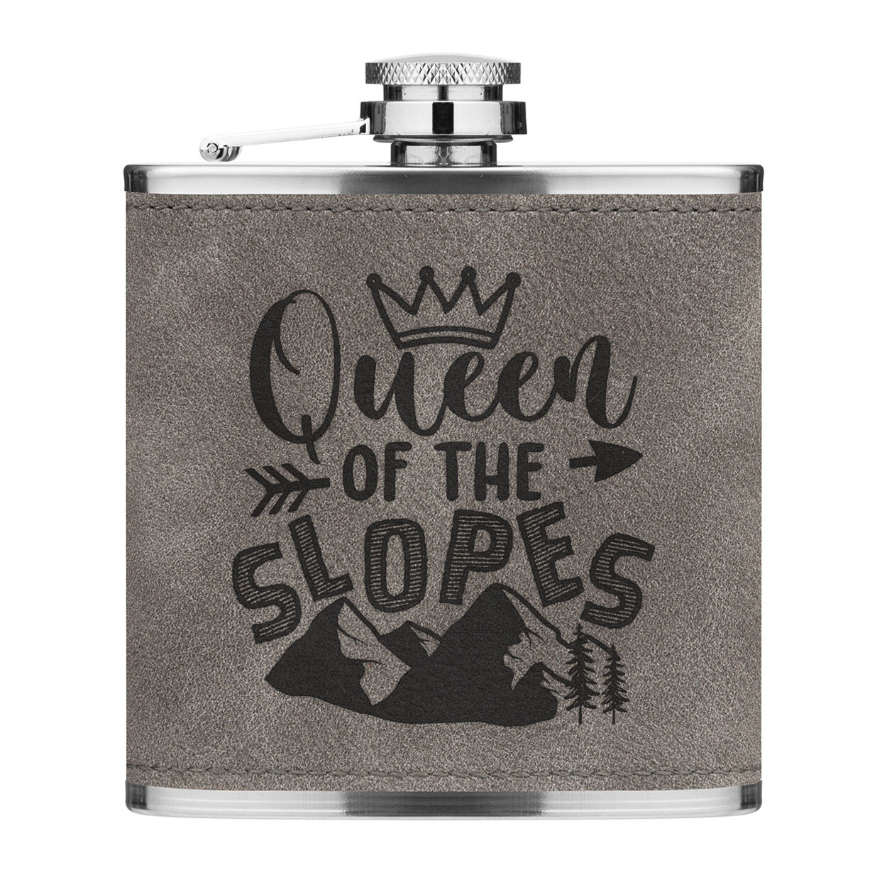 Queen Of The Slopes 6oz PU Leather Hip Flask Grey Funny Skiing Snowboarding