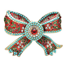 Vintage Style Red Enamel Bow Brooch Pin Blue Beads Rhinestone Gold Tone Women