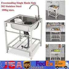 Commercial Single Bowl Stainless Steel Hand Wash Sink Basin Freestanding &Faucet