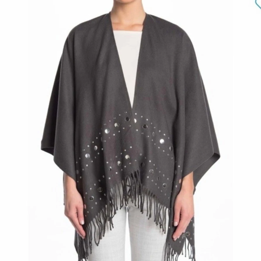 Michael Kors Poncho Sweater Women's One Size Gray Embellished Open Knit