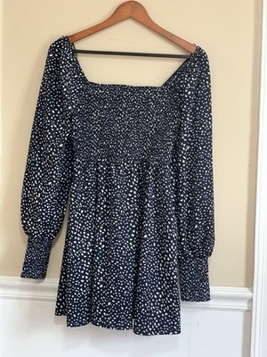 Francesca s Miami Blue & White Polka Dot Square Neck Smocked Dress Small