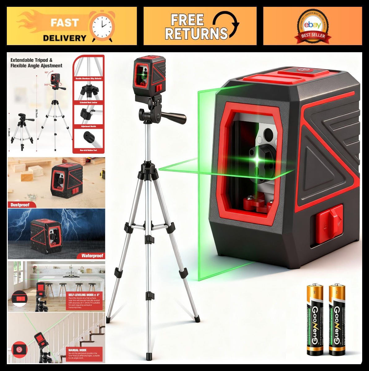 100ft Green Cross Line Laser Level with Tripod, 360° Rotation