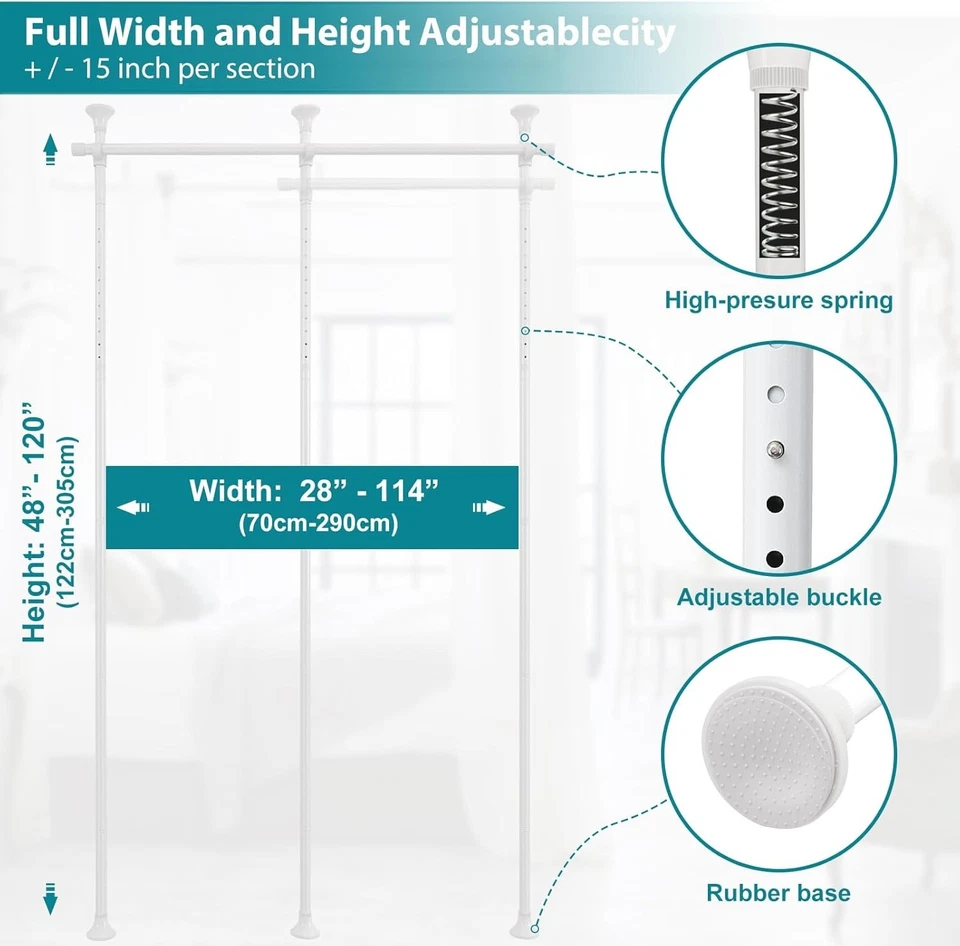 Room Divider Curtain Rods No Drilling–120"H x 114"W Floor to Ceiling Adjustable - Image 4 of 4
