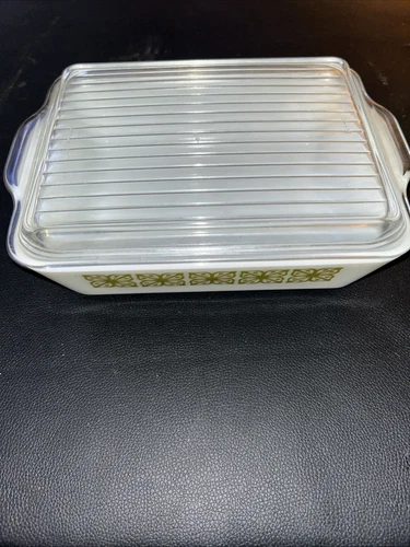 Vintage Pyrex Verde Square Flowers 1.5 QT 503 Refrigerator Dish with lid