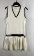 Tory Burch Sport Women's V-Neck Tennis Dress White Pleated Striped Sz M