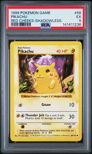 1999 POKEMON BASE SET RED CHEEKS-SHADOWLESS #58 PIKACHU PSA 5