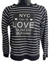 H M Sweatshirt Girls 12-14Y Black Striped NYC Fall In Love Pullover Crewneck