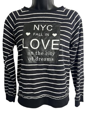 H&M Sweatshirt Girls 12-14Y Black Striped NYC Fall In Love Pullover Crewneck