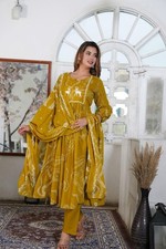 Indian Mustard Yellow Printed Anarkali Kurta Set Women Festive Ethnic Wear