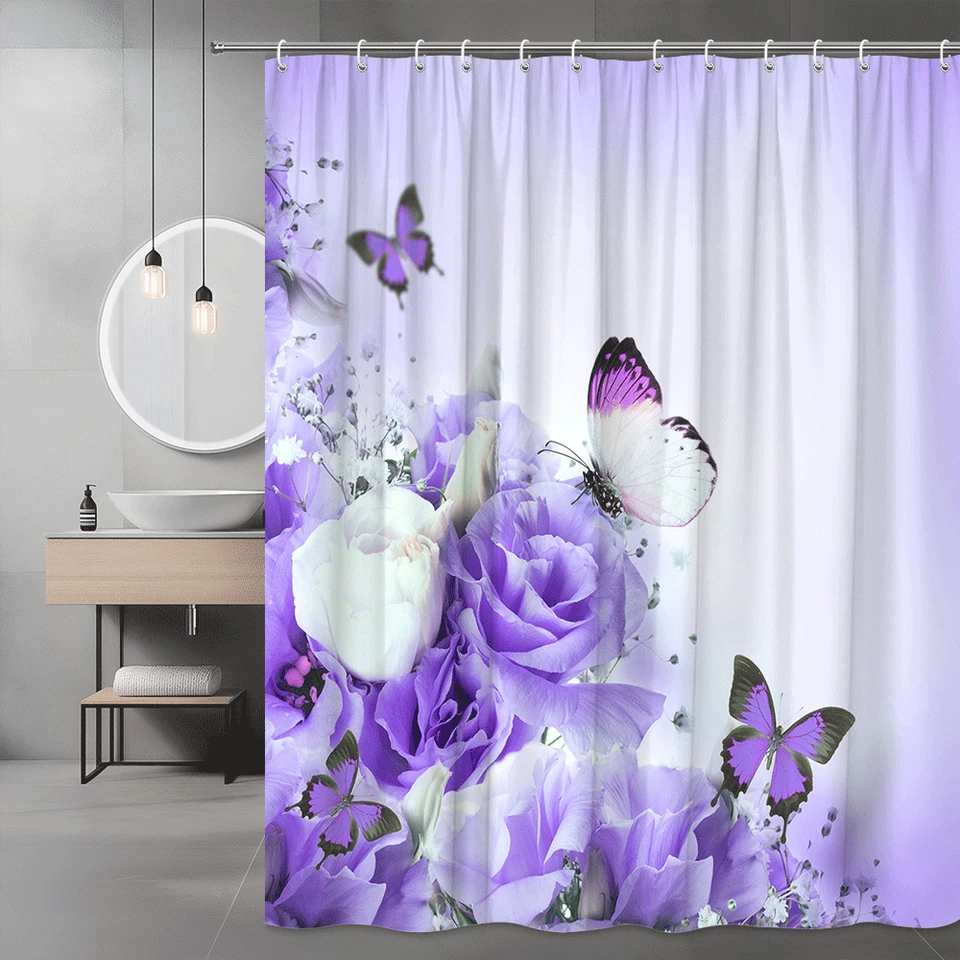 Cortina de Ducha Flor Mariposa Púrpura, Floral Romántico, Rosa Lavanda Foto 2 de 4