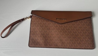 Michael Kors Signature MK Brown Wristlet Clutch Leather Trim