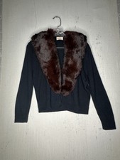 Vintage 1960s Turbo Interlock Mink Collar Black Orlon Crop Sweater Cardigan