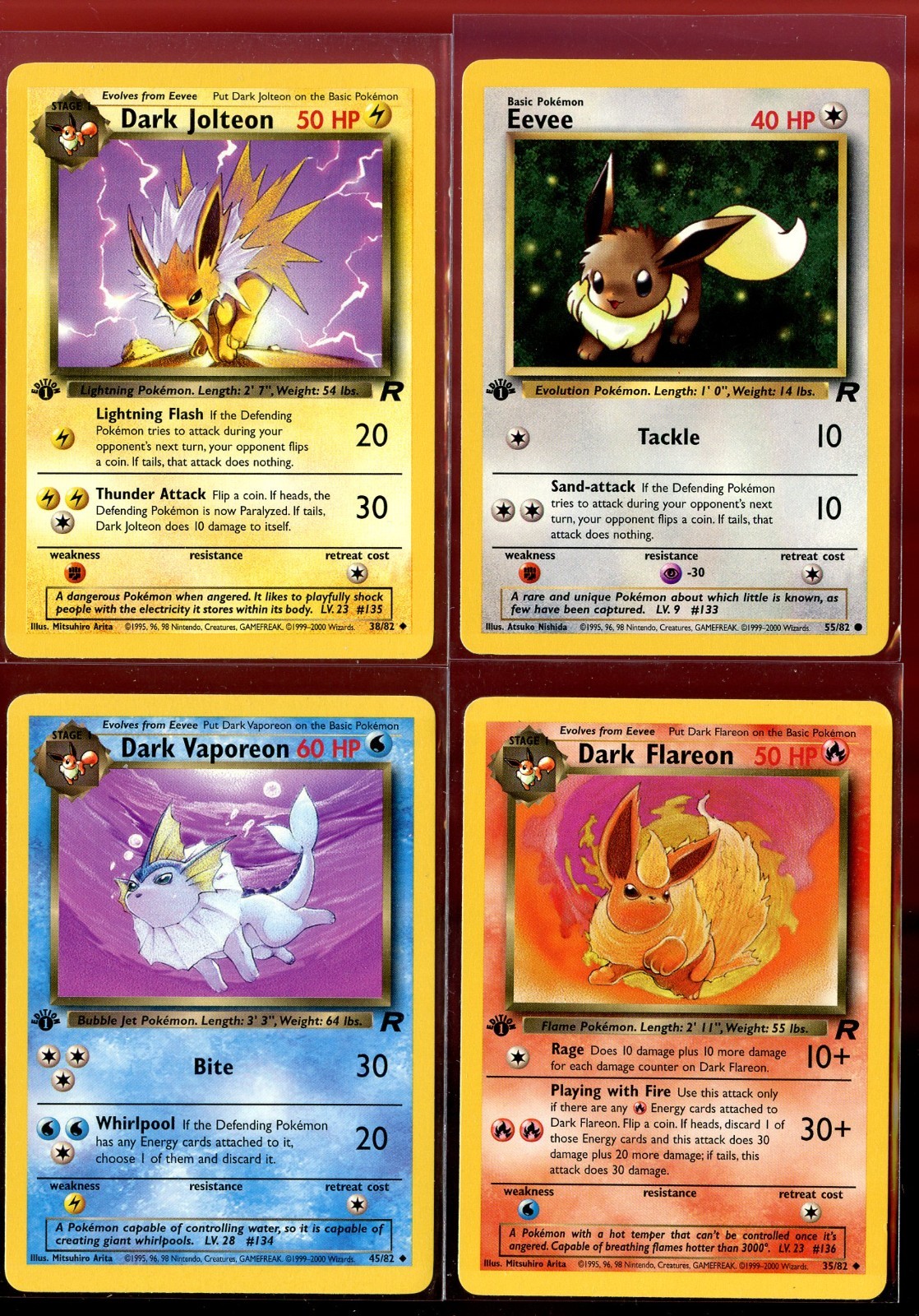 Dark Flareon Vaporeon Jolteon Eevee 55 35 38 45/82 Pl/NM 1st Team Rocket Pokemon