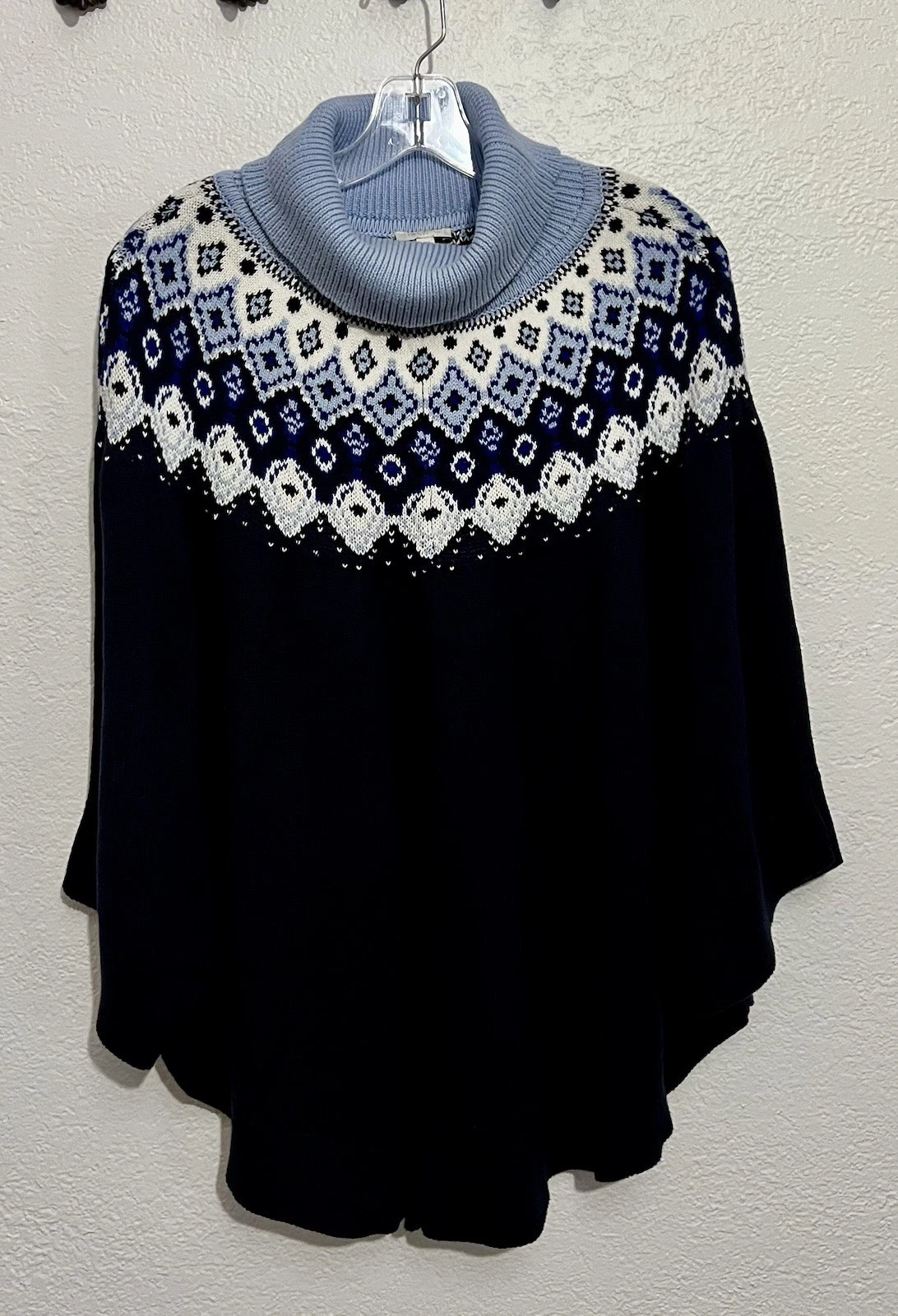 Talbots Fair Isle Knit Poncho Cape Sweater L/XL Blue White Nordic Cowl Neck NWT