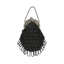 1920s Vintage Black Beaded Evening Bag with Ornate Silver Frame
