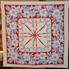 Vtg cotton tablecloth Stylecraft "Gaiety" Red Blue 1940's Spring Magnolias