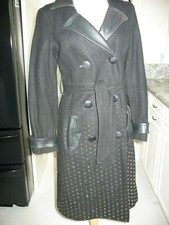 Black Mid-length Studded Leather-trimmed Double Breasted Coat - Size Small