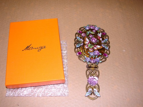 Vintage Maniya Folding Metal & Purple Cloisonne Flowers & Butterfly Mirror
