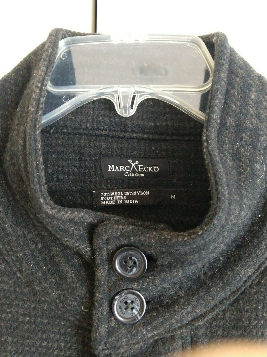 Wool Coat Marc Ecko Cut Sew Black Button Down Peacoat Jacket Mens Medium  $100