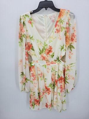 Flying Tomato Dress Womens Large Orange Ivory Floral Long Sleeve Side Cutouts