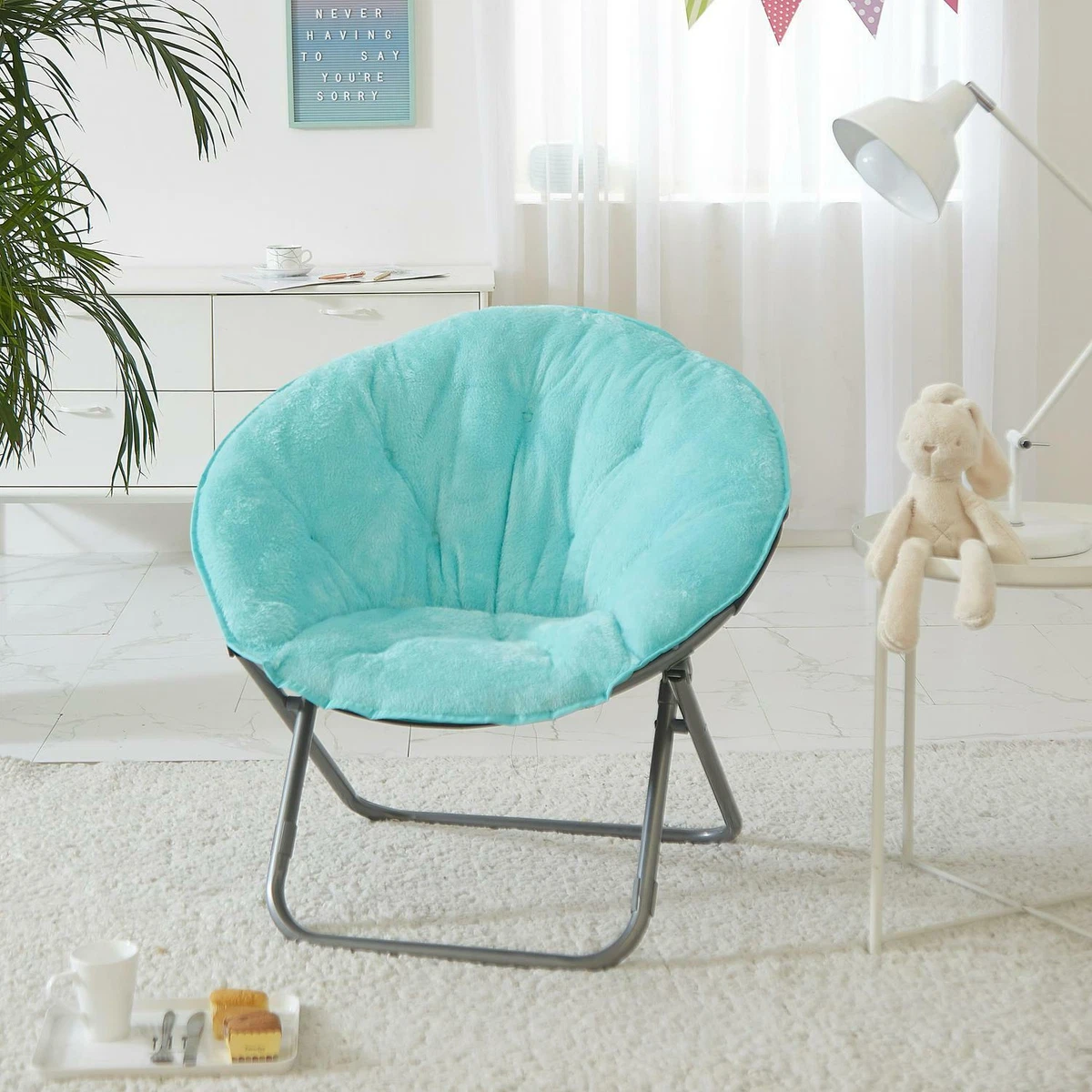 Super Soft Faux Fur Saucer Chair Foldable Dish Circle Seat With Metal Frame