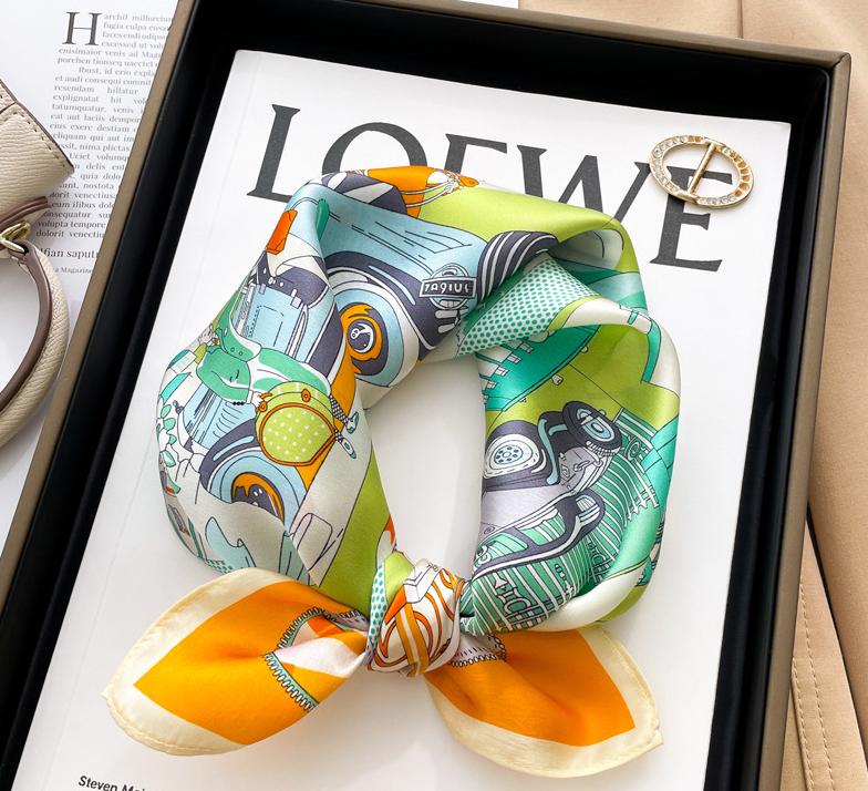 20-inch Mulberry Silk Scarf for Women with Vehicle Print Neck Wrap