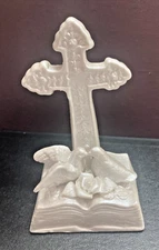Vintage Christian Cross with bible and love birds desktop white ceramic 5.5 inch