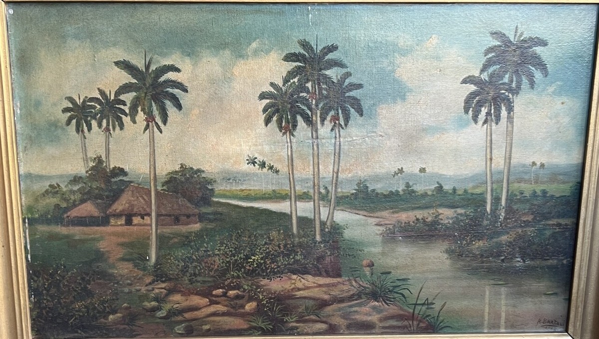 Antique 1819 Oil Painting Hawaii Tropical Palm Trees River