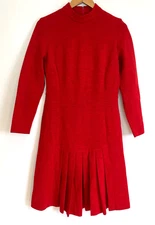 Ladies Pride Vintage Dress Red Wool Zipper Back Half Front Pleats Size 12