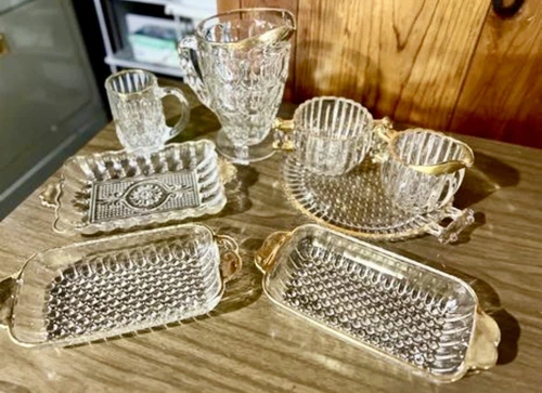 Jeannette Glass Clear Gold Edge National Pitcher, Cr/Sug, Butter Plates 8 Pieces