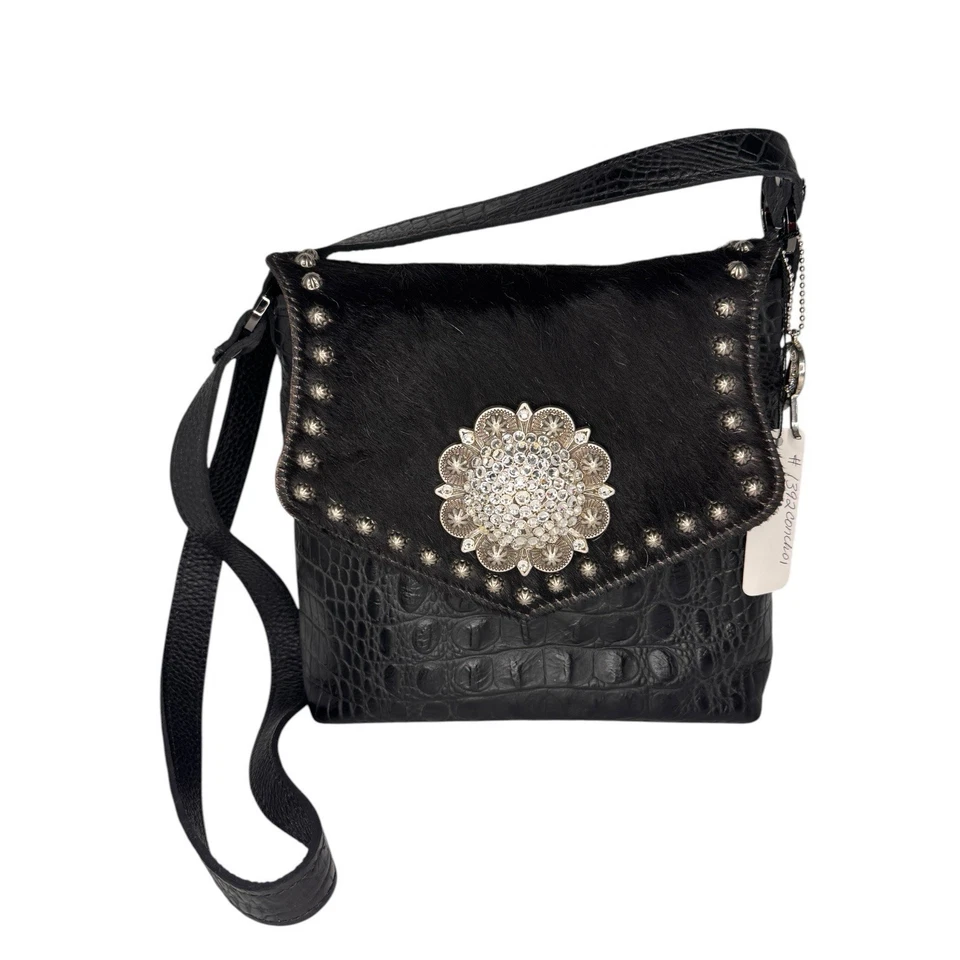 Raviani 全新带标签女牛仔皮毛和鳄鱼带水晶海螺包黑色钱包美国制造