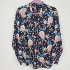 Torrid Floral Print Satin Madison Button Down Shirt Top L Long Sleeve  Blue Pink